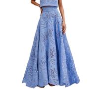 Vhersily Jupe longue femme d'été style bohème avec taille évasée en dentelle florale avec poches trapèze avec volants taille haute poncho en maille à couches, de plage, bohème léger respirant, bleu, L