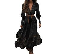 Vhersily Maxi Robe Vintage Western pour Femmes Automne Décontracté Large Manches Longues Col en V Country Robe Longue Évasée à Fleurs, Cocktail Moulante Mère de Mariée, pour Party Club Banquets, Noir