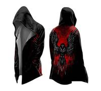 Vhersily Mito Nordico Homme Veste Moyenne Longue avec Capuche, Manteau Classique Imprimé 3D avec Poches, Veste de Biker Printemps, Sweat Médiéval, Veste Viking Hiver Anti-Vent Imperméable, Rouge 1, XL