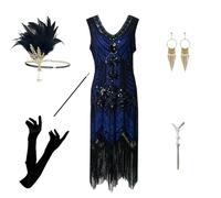 Vhersily Nouvel An 2025 Robe de Soirée pour Femmes Années 20, Robe Année 20 Robe Charleston Femme Col en V avec Perles et Franges, Ensemble d'accessoires 20, bleu, L