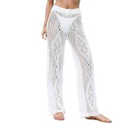 Vhersily Pantalon de plage pour femme long en dentelle, Y2k taille haute avec fond de jambe droite motif floral élastique, transparent, slim fit pour fête, club de nuit, respirant, Blanc, L
