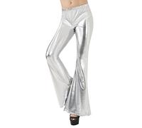 Vhersily Pantalon évasé pour femme, taille haute Flare Palazzo pantalon, brillant, métallisé années 80, leggings longs, larges pour la danse, le sport et le carnaval, argent, L