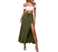 Vhersily Plissé Rétro Maxi Jupes Longues 2 en 1 Jupe Bohemien Lâche Demi-Longueur Plis avec Taille Élastique et Ourlet en Lin Style Vintage Années 90 Élégant, Taille Haute Été Avec Fente, vert