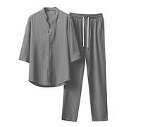 Vhersily Pyjama De Style Japonais Gaze De Coton Kimono Ensemble De Méditation Hommes Avec Peignoirs Japonais 2025, Chemise Et Shorts, Unisexe, Lin, Salon Pour Spa, Décontracté, Mince, gris, XXXXL