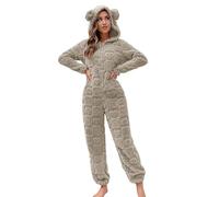 Vhersily Pyjama pour femme en polaire avec ours en peluche doux pièce entière avec rabat long d'hiver chaud à manches longues confortable pour les festivals de loisirs, Kaki, M