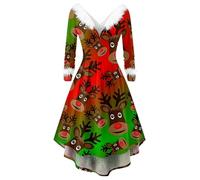 Vhersily Robe de Noël pour Femmes Curvy Robe de Velours Manches Longues Vêtements de Noël Costume D'hiver Col En V Élégant pour Fête Mariage Fête Banquet Bodycon Sexy Robe Nouvel An, Rouge 1, M