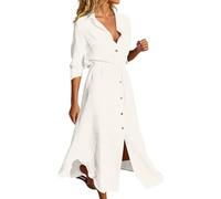 Vhersily Robe d'été pour femme, longue à col en V, avec revers, à manches longues, de travail pour mariée, mariage, plage, voyage, légère, classique, respirant, chic et élégant, confortable, Blanc