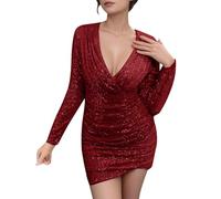 Vhersily Robe Femme d'Hiver Élégante Sexy à Manches Longues Col En V Bodycon Y2k Paillettes Brillant Fourreaux Mini Robes de Soirée Cocktail Rockabilly Doux Léger Noël Carnaval Nouvel An, Rouge 2, 3XL