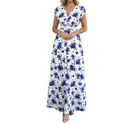 Vhersily Robe Longue d'Été Femmes 2026 Col Profond Manches Courtes Ballon Taille Découverte Robe Maxi Floral Fluide Sexy Volants Robes de Plage Soirée Mode Curvy Vêtements Printemps Été, bleu clair