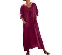 Vhersily Robe Longue En Coton Et Lin Femmes À Manches Longues Couleur Unie Grande Taille Décontractée Léger Vêtements Col Rond Respirant Bodycon Vêtements Printemps pour Plage Vacances Été Mer