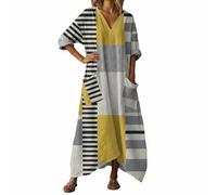 Vhersily Robe Longue Femmes Boho Chic en Lin Col en V Manches Longues Robe Maxi Floral avec Poches pour la Plage de la Mer Vacances Léger Mode Respirant Bodycon Vêtements Printemps grande taille