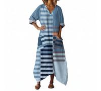 Vhersily Robe Longue Femmes Boho Chic en Lin Col en V Manches Longues Robe Maxi Floral avec Poches pour la Plage de la Mer Vacances Léger Mode Respirant Bodycon Vêtements Printemps grande taille, bleu