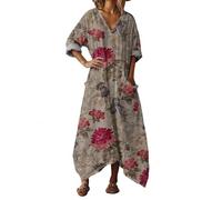 Vhersily Robe Longue Femmes Boho Chic en Lin Col en V Manches Longues Robe Maxi Floral avec Poches pour la Plage de la Mer Vacances Léger Mode Respirant Bodycon Vêtements Printemps grande taille, Kaki