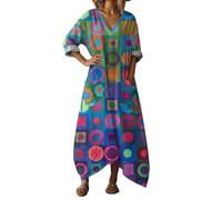 Vhersily Robe Longue Femmes Boho Chic en Lin Col en V Manches Longues Robe Maxi Floral avec Poches pour la Plage de la Mer Vacances Léger Mode Respirant Bodycon Vêtements Printemps grande taille