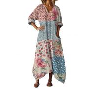 Vhersily Robe Longue Femmes Boho Chic en Lin Col en V Manches Longues Robe Maxi Floral avec Poches pour la Plage de la Mer Vacances Léger Mode Respirant Bodycon Vêtements Printemps grande taille