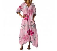 Vhersily Robe Longue Femmes Boho Chic en Lin Col en V Manches Longues Robe Maxi Floral avec Poches pour la Plage de la Mer Vacances Léger Mode Respirant Bodycon Vêtements Printemps grande taille