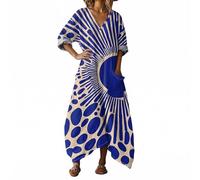 Vhersily Robe Longue Femmes Boho Chic en Lin Col en V Manches Longues Robe Maxi Floral avec Poches pour la Plage de la Mer Vacances Léger Mode Respirant Bodycon Vêtements Printemps grande taille