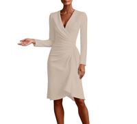 Vhersily Robe Midi pour Femmes Col en V de Soirée Élégant à Manches Longues Party Cocktail Robes Rockabilly Automne Hiver Midi Robe Formelle Bureau Nouvel An Costume pour Mariages, Cérémonie, beige, L