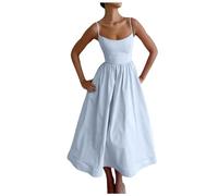 Vhersily Robe pour femme avec bretelles plissées, style Y2K Boho, sans manches, avec bretelles, décolleté carré, dos découvert, vintage, ligne A,plage, bleu, S