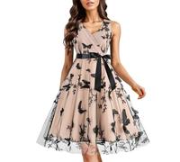 Vhersily Robe pour femme vintage des années 50, jupe en tulle pour femme avec motif papillon, élégante ligne A, taille haute, décontractée, vintage en maille, beige, S