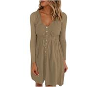 Vhersily Robe Tunique à Manches Longues pour Femmes Col en V Robe Midi Évasé Décontracté T-shirt Robe de Couleur Unie avec des Boutons au Genou Vêtements de Printemps pour la Plage de la Mer Vacances