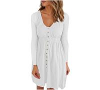 Vhersily Robe Tunique à Manches Longues pour Femmes Col en V Robe Midi Évasé Décontracté T-shirt Robe de Couleur Unie avec des Boutons au Genou Vêtements de Printemps pour la Plage de la Mer Vacances