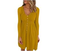 Vhersily Robe Tunique à Manches Longues pour Femmes Col en V Robe Midi Évasé Décontracté T-shirt Robe de Couleur Unie avec des Boutons au Genou Vêtements de Printemps pour la Plage de la Mer Vacances