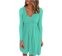 Vhersily Robe Tunique à Manches Longues pour Femmes Col en V Robe Midi Évasé Décontracté T-shirt Robe de Couleur Unie avec des Boutons au Genou Vêtements de Printemps pour la Plage de la Mer Vacances