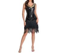 Vhersily Robes Années 20 Femmes avec Paillettes et Franges 1920s Robe Charleston Fête À Thème Flapper Robe Slim Fit Tempérament Vêtements pour Nouvel An Rave Dancewear 20s Rock Anniversaire, Or, 3XL