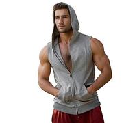Vhersily Sweat à capuche zippé sans manches pour homme, sans manches Débardeur de musculation Gym de sport T-shirt avec haut de remise en forme, T-shirts Slim, Grau, M