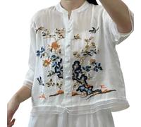 Vhersily T-shirt décontracté d'été pour femme, couleur unie, manches 3/4, col en V, chemise brodée, multicolore, large confortable et respirant, pour printemps, mode décontracté, Boho, blanc, XXXL