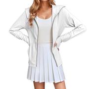 Vhersily T-shirt pour femme UV SPF UPF 50+, chemise de course, veste de sport avec fermeture éclair entière, légère, pour exercices avec capuche, poche pour vêtements de sport, loisirs, Blanc, L