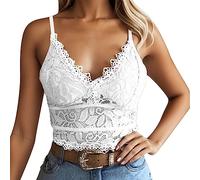 Vhersily Top Femme en Dentelle Sexy avec Bretelles Fines Croisées Débardeur Femme D'été Crop Top Col en V Décontracté Bodycon Camisole, blanc, L