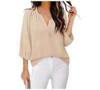 Vhersily Top Tunique Femmes Manches Longues pour Leggings Blouses Décontracté Col V 3/4 Mode Boho Mousseline de soie Bouton Down Chemises Élégant Blouses Soirée Clubwear, de Loisirs Doux, Kaki, M