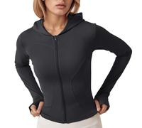 Vhersily Veste de sport pour femme, à manches longues, pour yoga, fitness, avec fermeture éclair, respirante, avec capuche, légère, avec trou de pouce, de randonnée, de motard, avec poches, Noir , M