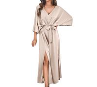 Vhersily Vêtements Femmes Élégant Satin Robes Col en V Robe avec Fente Casual Robe à Manches 3/4 Midi Robes de Soirée, beige, M