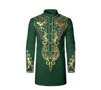 Vhersily Vêtements Musulmans Homme Chemise Africaine Caftan Manches Longues Prière Musulmane Abaya Impression Ethnique Tunique Traditionnelle Marocaine Casual RamadanHiver Automne Loisirs, vert, L