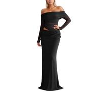 Vhersily Voir À travers Mesh Overlay Maxi Robe à Manches Longues Épaule Découverte à volants Wrap Hip Cutout Robe de Soirée Robes de Soirée à la Mode d'affaires Slim Fit pour Noël Nouvel An Cérémonie