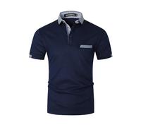 VHUQGVU Polo Homme Manches Courte Classic Check Cotton T-Shirt Regular Stand Collar Shirt with Pocket Golf and Rugby Chemise,Bleu Y24,L