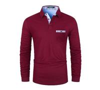 VHUQGVU Polo Homme Manches Longues Coton with Poche Patchwork Classique à Carreaux Sports T-Shirt Élégant Commercial Tops,Rouge,L