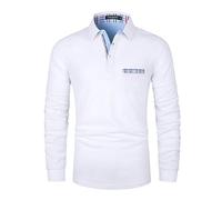 VHUQGVU Polo Homme Manches Longues Coton with Poche Patchwork Classique à Carreaux Sports T-Shirt Élégant Commercial Tops,Blanc,L