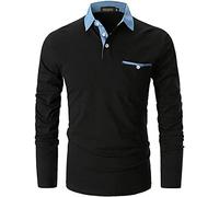 VHUQGVU Polo Homme Manches Longues Coton with Poche Patchwork Classique à Denim Sports T-Shirt Élégant Commercial Tops,Noir Y01,XXL