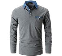 VHUQGVU Polo Homme Manches Longues Coton with Poche Patchwork Classique à Denim Sports T-Shirt Élégant Commercial Tops,Gris Y01,XL