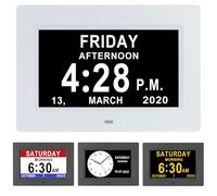 VHV 7 Pouces LCD Horloge Numérique Calendrier avec Date Jour Et Heure Horloge Non-Abrégée Auto Dimming 8 Langues HD Display Rappel pour Alzheimer Les Personnes âgées et Les Enfants (Blanc)