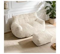 VHV Pouf double d'intérieur avec dossier et repose-pieds - Grand pouf pour adultes, adolescents et enfants, convient pour salon, chambre à coucher, dortoir d'étudiant ou balcon (beige)