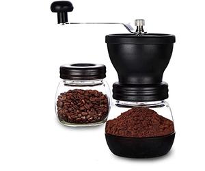 VIA CREMA Moulin à café manuel Moulin à grains en verre, couvercle en silicone, lames en céramique réglables Moulin à café manuel