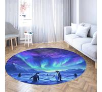 Via Vela Antarctique Aurora Paysage Lavable Antidérapant Rond Tapis 120cm Pingouins des Glaciers Imprimer Grand Cercle Tapis pour Salle d’étude Salle À Manger Décoration D’intérieur