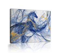 Via Vela Art mural abstrait en toile de cheval Œuvres d’art modernes d’animaux bleu et or Grandes peintures équestres contemporaines pour la décoration du salon 90x120cm