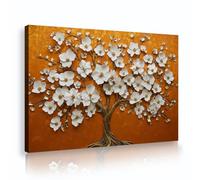 Via Vela Art mural moderne 3D texturé d’un arbre fleuri imprimé sur toile florale blanche fond orange peinture à l’huile botanique abstraite pour décoration de salon 30x45cm