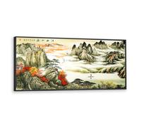 Via Vela Art traditionnel Paysage Toile Art mural Panoramique Montagne Rivière Peinture Œuvres d’art Impressions pour Salon Chambre à coucher Salle d’étude Décor 40x101cm avec cadre noir